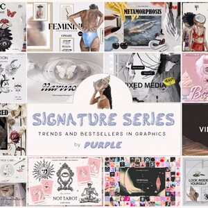 May include: A collage of digital art graphics featuring various themes, including "Cryptic Collage", "Lost in Translation", "Life-Inspired", "Feminine", "Metamorphosis", "Retreat", "Harmo", "Mixed Media", "Barbiecore", "Spiritual Vibrations", "We Are Women", "Self-Care", "Not Tarot", and "Look Inside Yourself". The graphics are in a variety of styles, including abstract, geometric, and figurative.