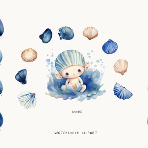 Puede incluir: Clipart de acuarela con un beb&eacute; con un gorro azul y blanco a rayas sentado en una ola azul con conchas y gotas de lluvia azules a su alrededor. El texto "MORE WATERCOLOR CLIPART" est&aacute; en la parte inferior de la imagen.