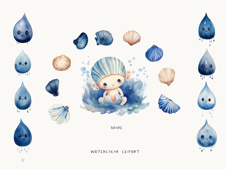 Puede incluir: Clipart de acuarela con un beb&eacute; con un gorro azul y blanco a rayas sentado en una ola azul con conchas y gotas de lluvia azules a su alrededor. El texto "MORE WATERCOLOR CLIPART" est&aacute; en la parte inferior de la imagen.
