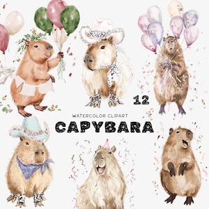 Watercolor Capybara Clipart – 12 Cute Capybara PNG, Cowboy Party Clip Art, Birthday Balloons Animal Clipart, Capybara Instant Download