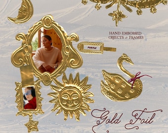 Hand-embossed gold foil collection with ornate photo frames. PNG collage