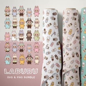 Labubu Clipart & Pattern Bundle – 15 Characters + 1 Seamless Pattern | Cute Kawaii Bunny Monster | SVG PNG. Labubu wallpaper svg stickers