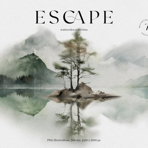 Entkommen. Aquarell Natur Clipart. Berge Clipart. Aquarell Wald Clipart. Gebirgslandschaften. Aquarell Nebliger Wald