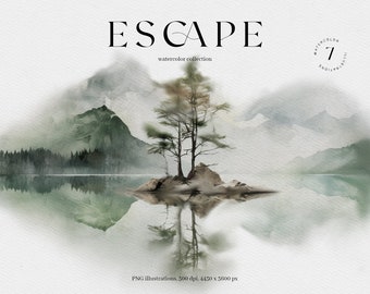 Clipart de montaña en acuarela: Paisaje de bosque brumoso PNG (Descarga digital)