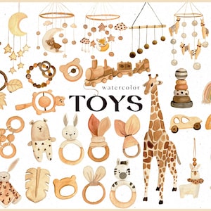 Giocattoli per bambini in stile boho ad acquerello, file png per dispositivi mobili. Clipart per bambini di compleanno. Accessori per neonati. Giocattoli per bambini e bambine. Baby Shower, stile ecologico per bambini.