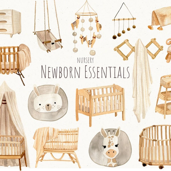 Boho watercolor Newborn Essentials. Newborn Baby Clipart, Maternity, Kids kit. Baby Cradle, Crib, Playmat, Swing, Baby mobile