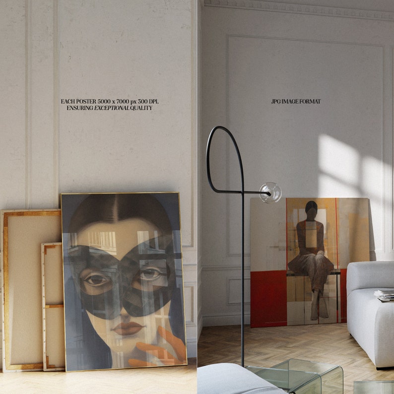 May include: Two framed art prints, one featuring a woman wearing a black mask and the other depicting a woman sitting on a bench. The prints are hung on a white wall with a black floor lamp in the background.