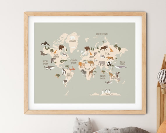 Animals World Map: Kids Nursery Educational Wall Art (Digital Download)