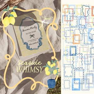 May include: A yellow and white gingham invitation with a blue and white seashell design. The invitation reads "You're Invited to a Dinner Party 10.08.2030 123 Anywhere St, Any City, ST 12345 Let's Celebrate". The invitation is framed by a yellow border with a lemon tree and lemons in the corner.
