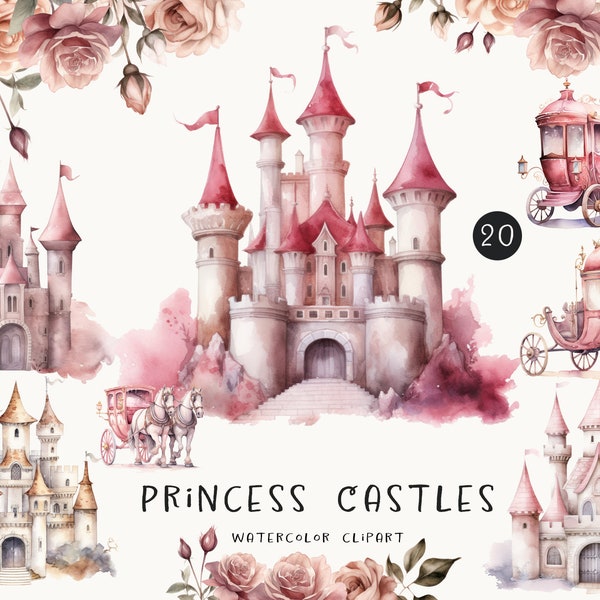 Watercolor Fairy Tale Clipart, Castle Clipart, Royal Pink and Brown Carriage, Magic Kingdom. Baby Shower, Princess Birthday, Nursery