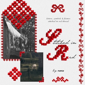 Pode incluir: Uma colagem artística com elementos de ponto cruz vermelho. O design inclui as letras "R" e "S" bordadas em vermelho, juntamente com o texto "stitched in red by purple". A imagem também contém uma foto em preto e branco e uma foto de um cavalo.
