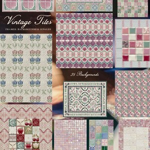 May include: A collection of vintage tile designs in various patterns and colors. The image showcases frames, backgrounds, and single tiles with floral and geometric motifs. The color palette includes pink, green, and white.