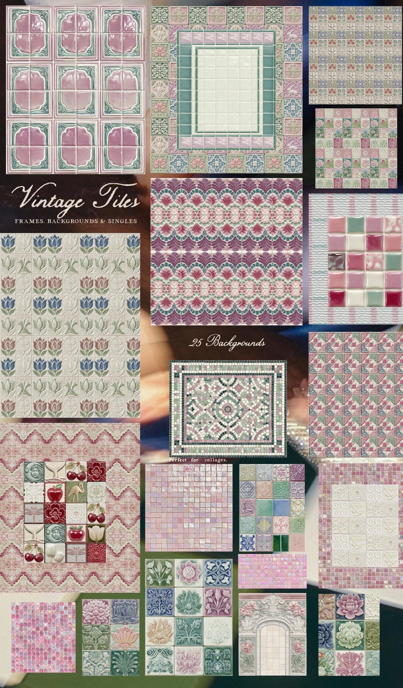 May include: A collection of vintage tile designs in various patterns and colors. The image showcases frames, backgrounds, and single tiles with floral and geometric motifs. The color palette includes pink, green, and white.