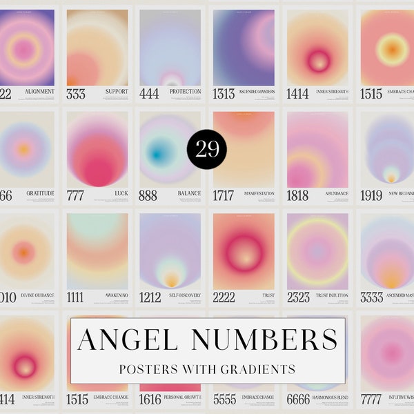 29 Posters with Angel Numbers. Aura Posters, Gradient Aura Angel, Trendy Wall Art, Digital Download