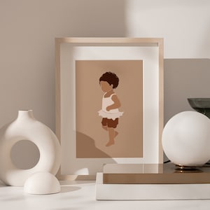 May include: A framed illustration of a young girl with brown hair wearing a white dress and brown shoes. The illustration is set against a light brown background.