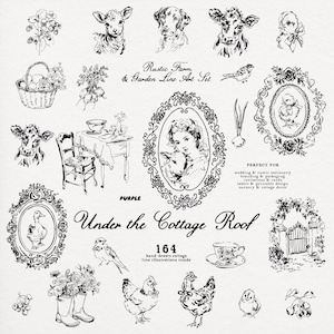 Op de afbeelding: Zwart-wit lijntekeningen van boerderijdieren, tuinelementen en portretten in lijsten. De tekst bevat "Rustic Farm & Garden Line Art Set" en "Under the Cottage Roof". De set bevat 164 handgetekende illustraties.