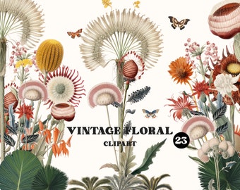 Vintage floral clipart. Vintage Wild Flowers Clipart, Botanical Illustration, Magic Digital Clipart, Vintage Flower PNG, Floral Clipart, PNG