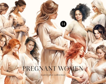 Watercolor Pregnant Women Clipart: Baby Shower PNG Set (Digital Download)