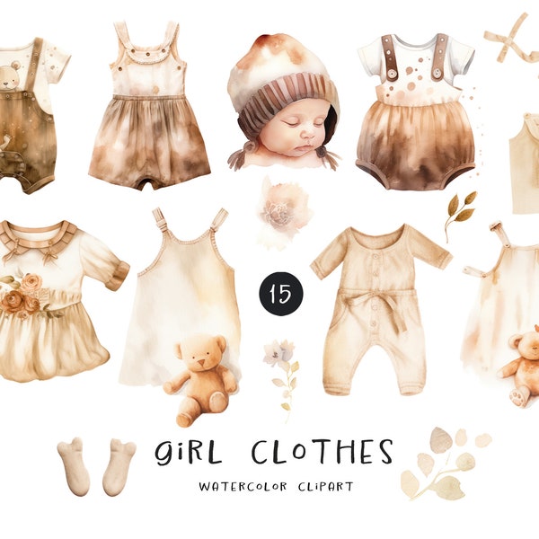 Watercolor baby clothes clipart PNG, nursery boho baby shower, girl eco kids PNG, new born clipart, Bohemian Greetings Card digital download