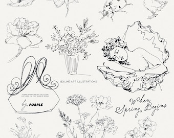 When Spring Begins Line Art Floral Clipart Set