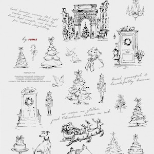 May include: A collection of elegant, hand-drawn holiday illustrations in black ink on a white background. The drawings include Christmas trees, a door with a wreath, a dog, a sleigh with reindeer, and text that reads "Elegant Hand Drawn Holiday Illustrations."