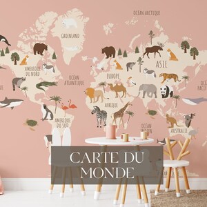 Carte du monde. Kids Animal Pink and Blue World Map Print. Playroom Educational Print. Nursery Print, Animal Map Poster