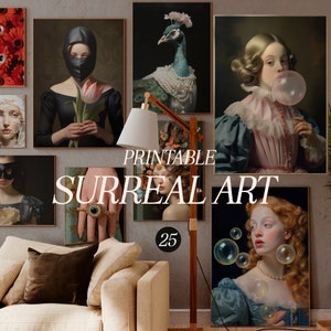 Puede incluir: Una colección de 25 impresiones de arte surrealista imprimibles con una variedad de temas, incluyendo una mujer con una burbuja, un pavo real, una mujer con una flor y una mujer con un ojo. Las impresiones están enmarcadas y se muestran en una pared en un ambiente de sala de estar.