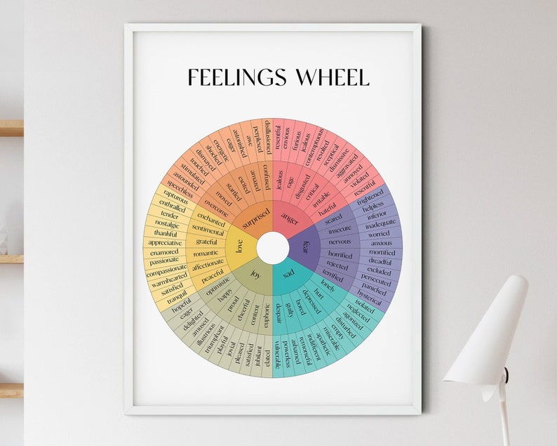 May include: A colorful wheel with the words "Feelings Wheel" at the top. The wheel is divided into sections, each with a different color and a list of words describing emotions. The colors are red, orange, yellow, green, blue, purple, and pink.