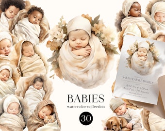 Watercolor Baby Clipart Bundle, Newborn PNG Graphics (Digital Download)