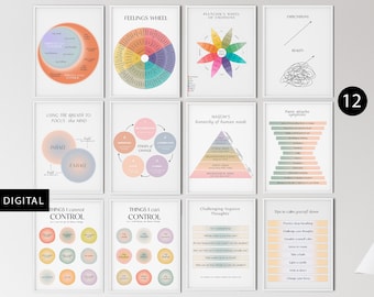 May include: A set of 12 printable digital posters with various mental health and wellness tips. The posters feature colorful illustrations and text, including "Feelings Wheel", "Plutchik's Wheel of Emotions", "Using the Breath to Focus the Mind", "Stages of Change", "Maslow's Hierarchy of Human Needs", "Panic Attacks Symptoms", "Things I Cannot Control", "Things I Can Control", "Challenging Negative Thoughts", and "Tips to Calm Yourself Down".