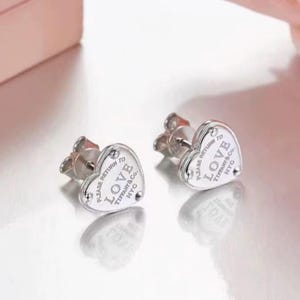 925 Sterling Silver Tiffany-Style “Please Return to Love” Heart Stud Earrings