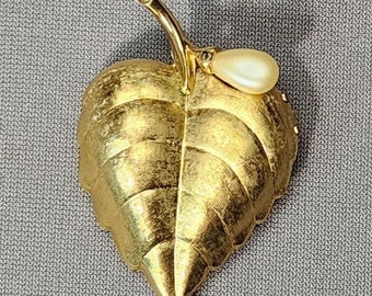 Vintage Avon Gold-tone Leaf with Faux Pearl Fragrance Glace Brooch Pin Perfume Locket Textured Satin Gold-tone Vintage Brooch Gift For Her