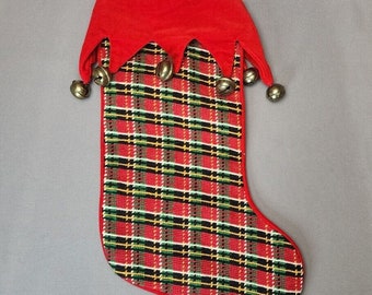 Vintage Wool Plaid Needlepoint Christmas Stocking Red Velvet Cuff with Jingle Bells Vintage Christmas Stocking 18" Holiday Decoration Xmas