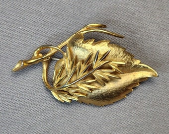 Vintage Leaf on Branch Brooch Textured Satin Gold-tone Pin Women's Estate Costume Jewelry Vintage Brooch Gift For Her Mid-Century Modern Pin