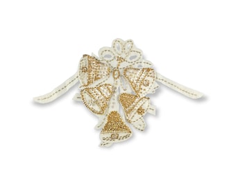 Vintage Handmade White Felt & Gold Sequins Beaded Christmas Holiday Bells Wall Hanging - Mid-Century Modern Christmas Decoration