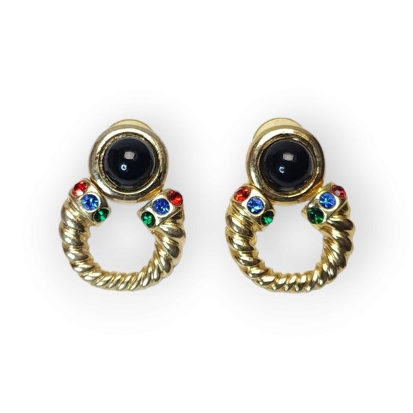 Vintage Cabochon & Rhinestone Mogul Door Knocker Gold-tone Drop Earrings Pierced Post Estate Costume Jewelry Gift For Her Dangle Earrings