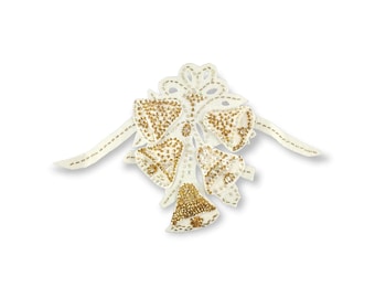 Vintage White Felt & Gold Sequins Handmade Beaded Holiday Bells Christmas Wall Hanging Mid-Century Modern Christmas Decoration