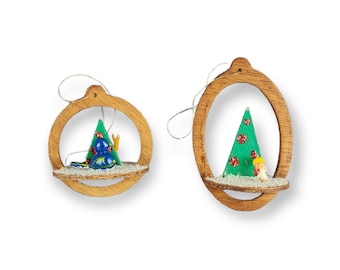 Vintage Wooden Diorama Holiday Folk Art Wood Christmas Tree Ornaments (Set of 2) Blue Bird with Deer & Snowman with Little Girl