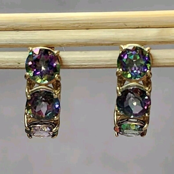 Vintage Mystic Topaz 5 CTW Half Hoop Earrings 10K Yellow Gold Hoops Pierced 3.1 Grams TW Gift For Her Gold Earrings Hoops Women's Jewelry