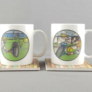 Tennis Player &quot;Ace&quot; & &quot;Game Set Match&quot; Wondermugs Vintage Heat Activated Color Changing Coffee Mugs / Tea Cup (Set of 2) Tennis Ball, Racket