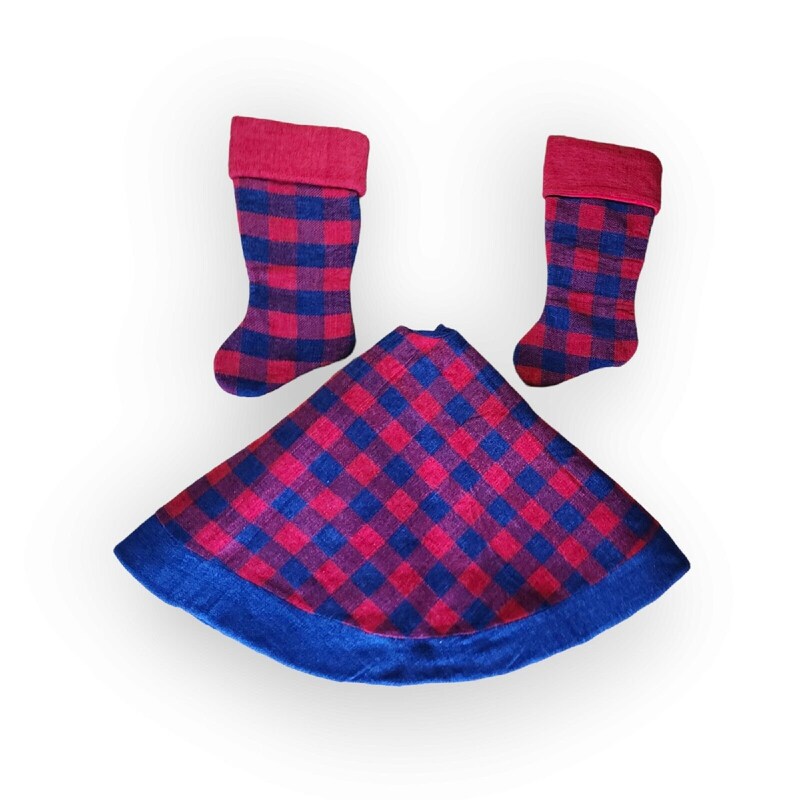 Blue Plaid Reindeer Tree Skirt