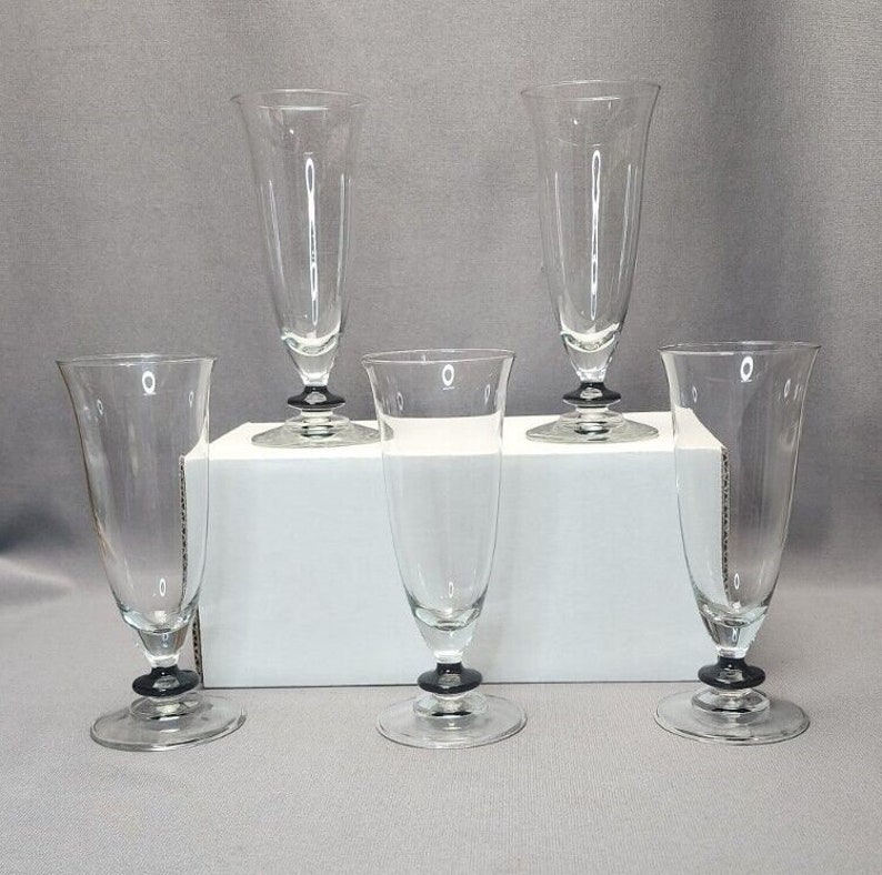 Vintage Black Disc Stem Tulip Champagne Flutes 7 Oz Footed Wine Glasses