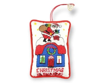 Vintage Christmas Ornament Lillian Vernon Santa Claus on Roof Embroidered Pillow Holiday Christmas Tree Ornament "Christmas is Sharing"