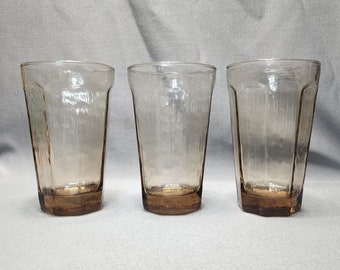 Vintage Brown Ochre Textured Paneled Glass Tumblers MCM 18 oz Coolers Set of 3 Glasses Retro Barware Vintage Glassware Mid-Century Modern
