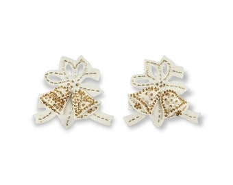 Vintage White Felt & Gold Sequins Hand Sewn Beads Handmade Holiday Bells Christmas Tree Ornaments (Set of 2) Mid-Century Modern