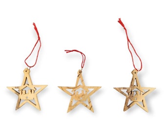 Olive Wood Nativity Scene Holy Family Star Shaped 2.5" Christmas Tree Wooden Ornaments (Set of 3)
