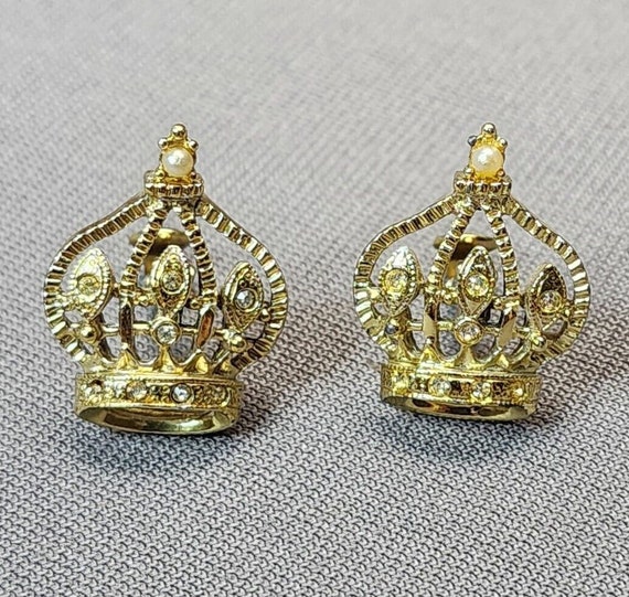 Vintage Rhinestones & Faux Pearl Royal Crown Gold… - image 3