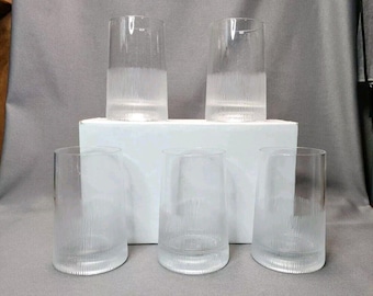 Crystal Highball Tumblers Modern Rough Cut Etched Glassware Set of 5 Drinking Glasses Barware Vintage Crystal Tumblers 12oz Glasses Barware