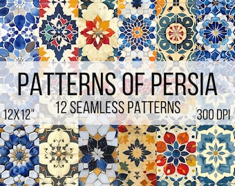 Persiskt kakel digitalt papper, 12 sömlösa iranska geometriska mönster, utskrivbara
