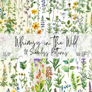 Op de afbeelding: Een digitale download van 12 naadloze patronen met aquarel illustraties van verschillende wilde bloemen en groen. De patronen zijn perfect voor het maken van digitale of gedrukte projecten zoals stof, behang en briefpapier.